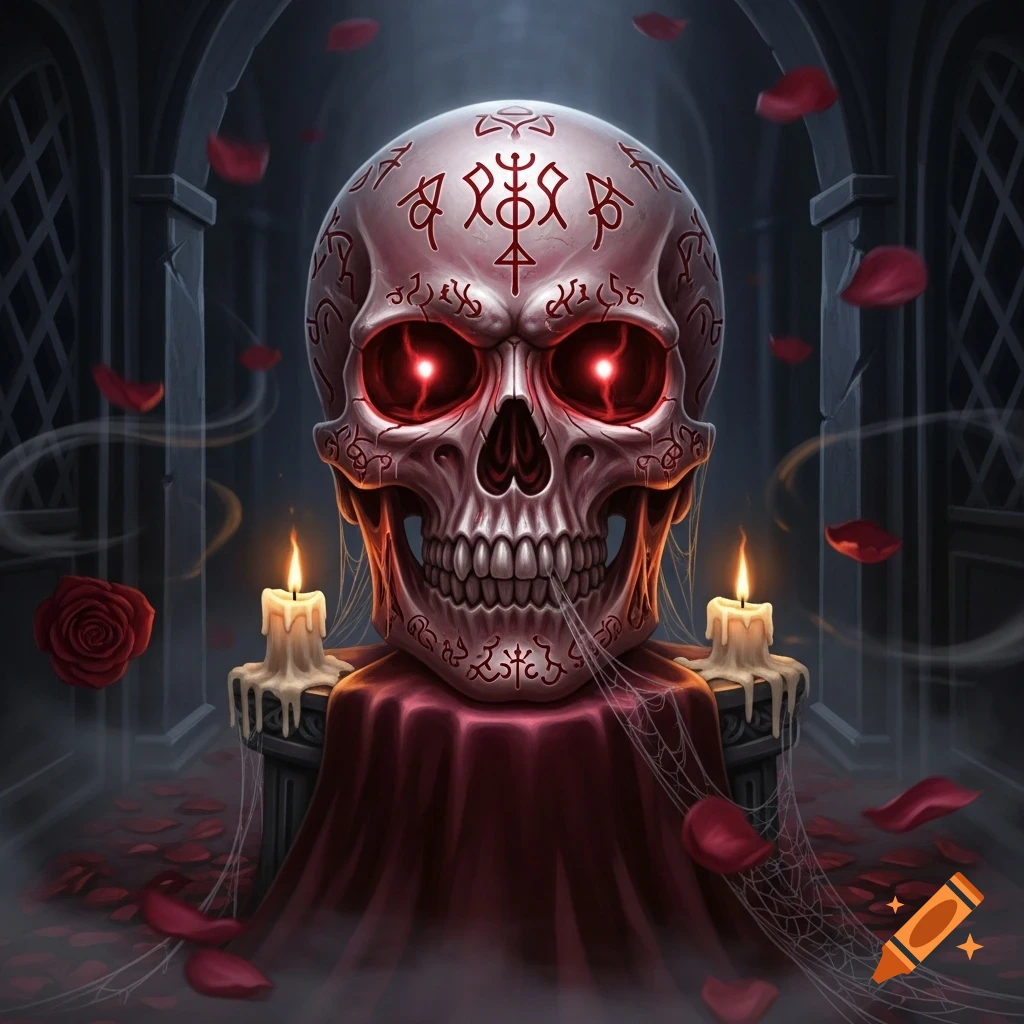 Stylized skull with glowing red eyes and symbols, flanked by candles and rose petals in a dark gothic chamber with cobwebs.