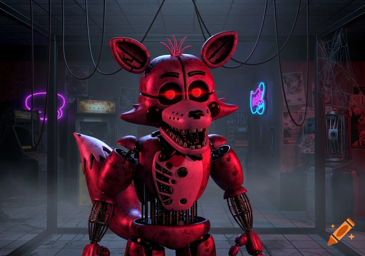 A menacing red and pink fox animatronic with glowing red eyes and exposed mechanics stands in a dark, eerie room with neon lights and arcade machines.