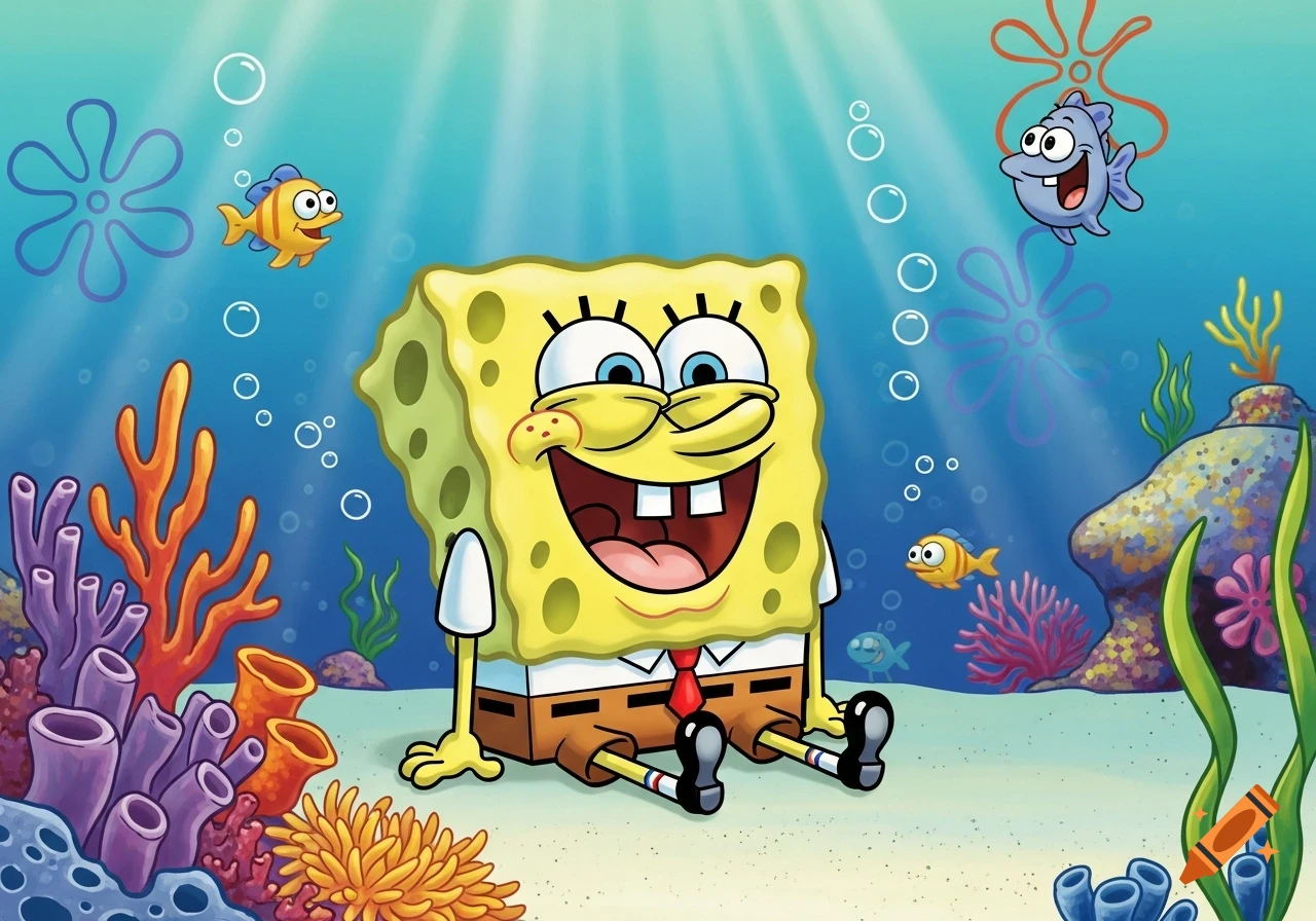 Spongebob Squarepants sits smiling on the ocean floor with colorful coral and fish in a vibrant cartoon style.