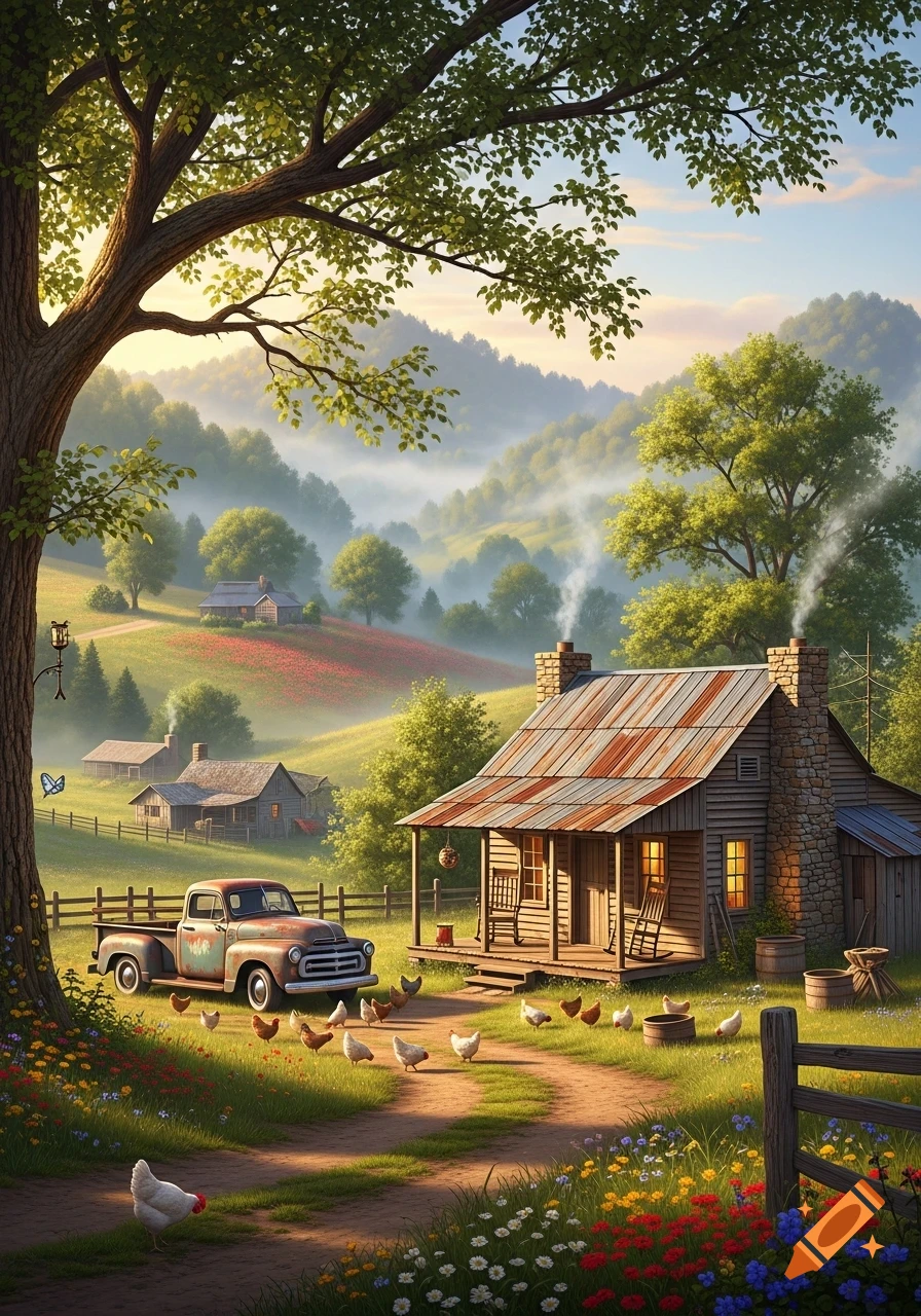 A rustic cabin and an old pickup truck on a dirt path, surrounded by chickens, in a vibrant, foggy mountain valley.