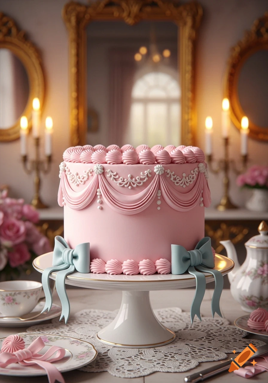 A light pink vintage cake with white piping and blue bows on a stand in an elegant room with candles and mirrors.