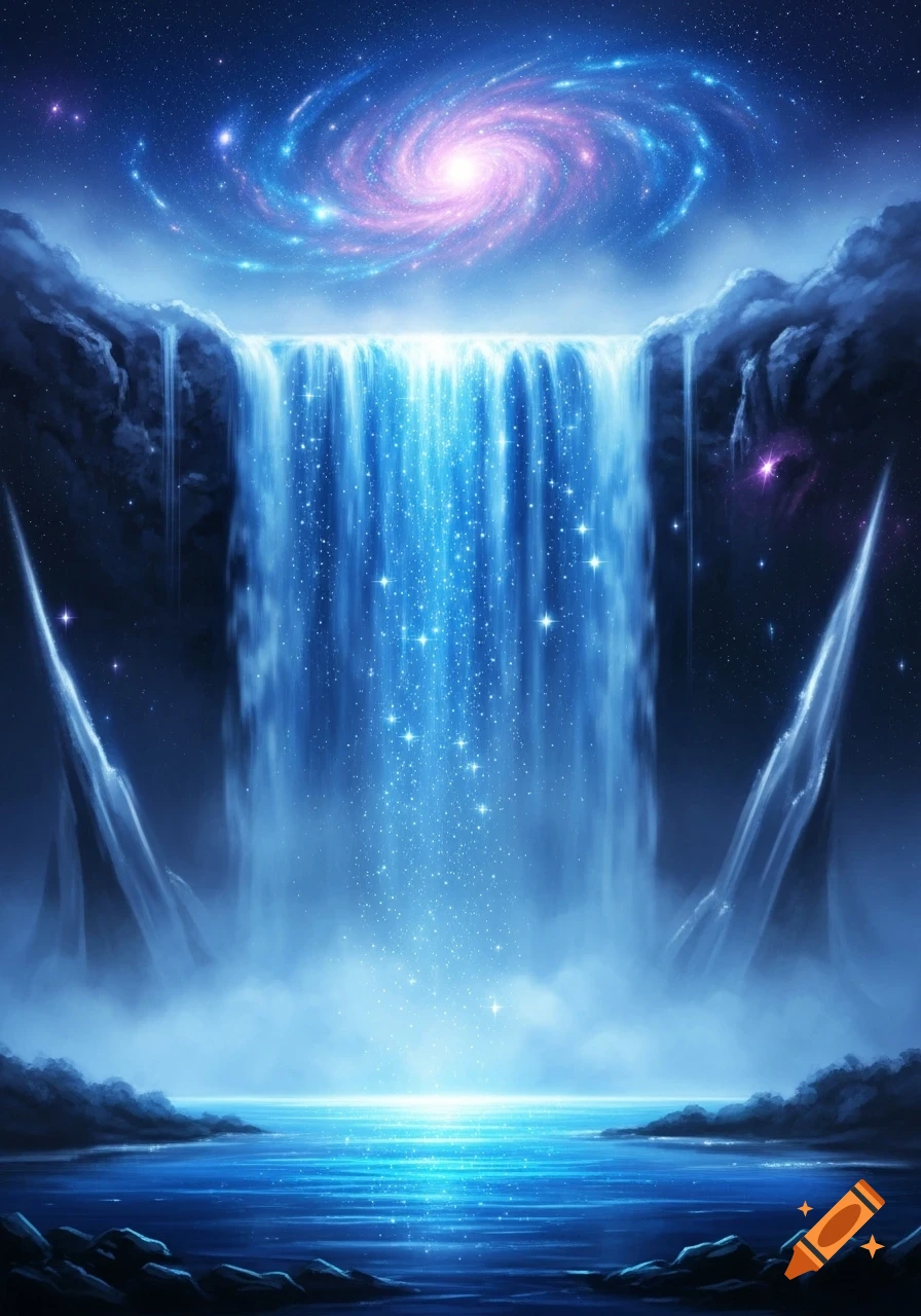 A glowing blue waterfall flows from cliffs under a vibrant, starry galaxy into a luminous pool.