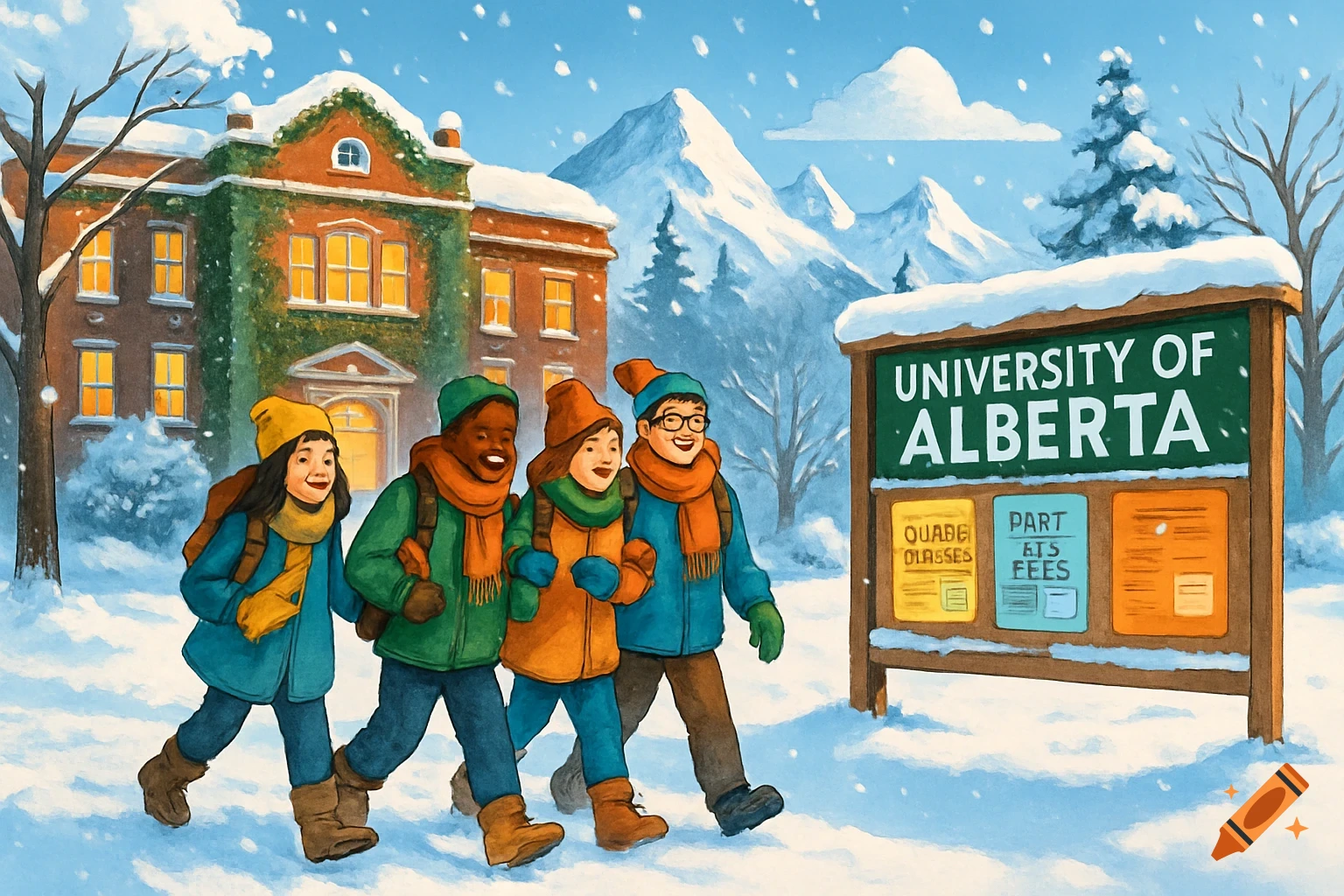 Four diverse students walk through a snowy campus past a "University of Alberta" sign and a brick building, with mountains in the background, in a watercolor style.