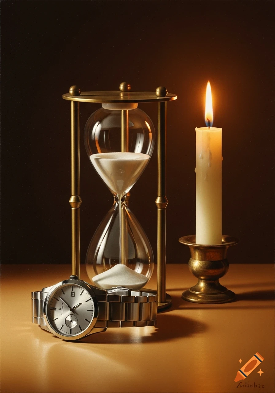 A still life composition with a lit white candle in a brass holder, an hourglass, and a silver wristwatch on a reflective surface in dim light.