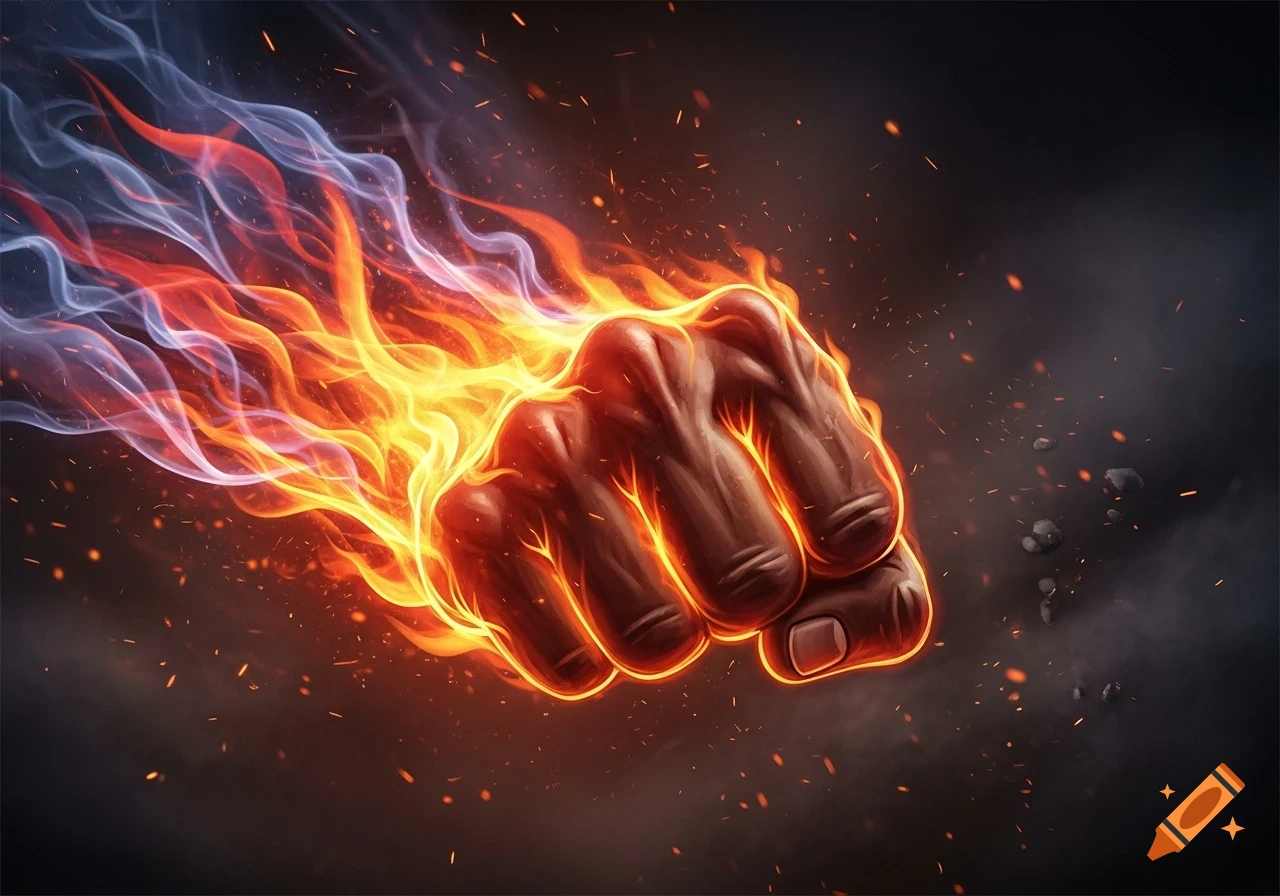 A stylized fist, glowing with fiery orange and red flames, emits wisps of blue smoke and embers against a dark background.