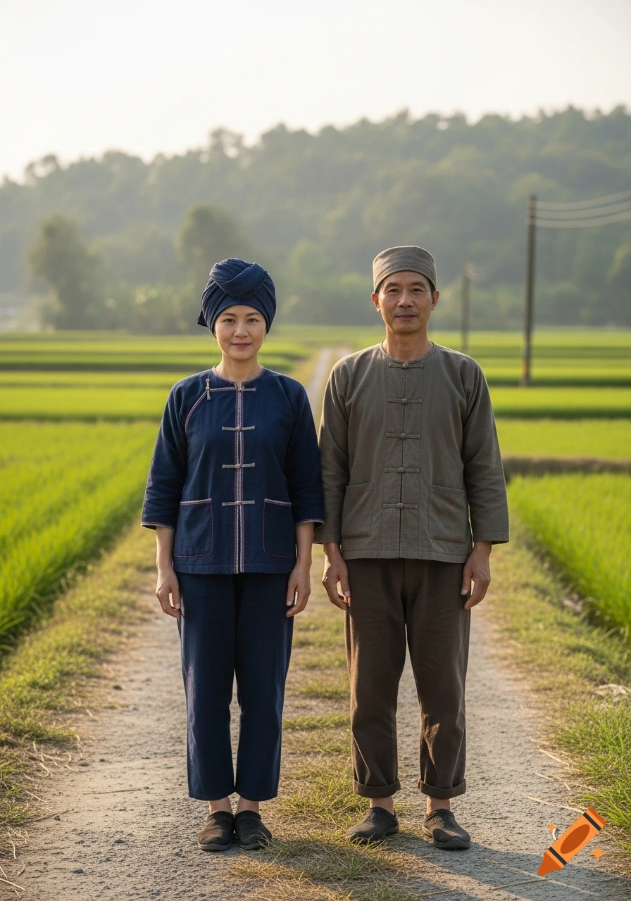 Photorealistic portrait of two Taiwanese Hakka people in traditional clothing standing on a dirt path in a rice field.