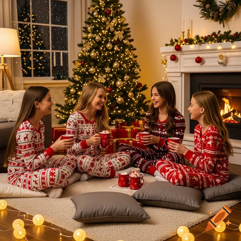 Four girls in Christmas pajamas share hot cocoa by a lit Christmas tree and a cozy fireplace, laughing together.
