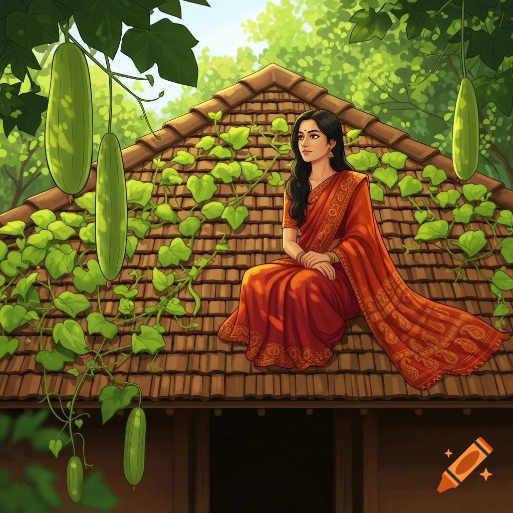An Indian woman in a red saree sits on a tiled roof covered in green creeper plants with large gourds hanging down, under a blue sky.