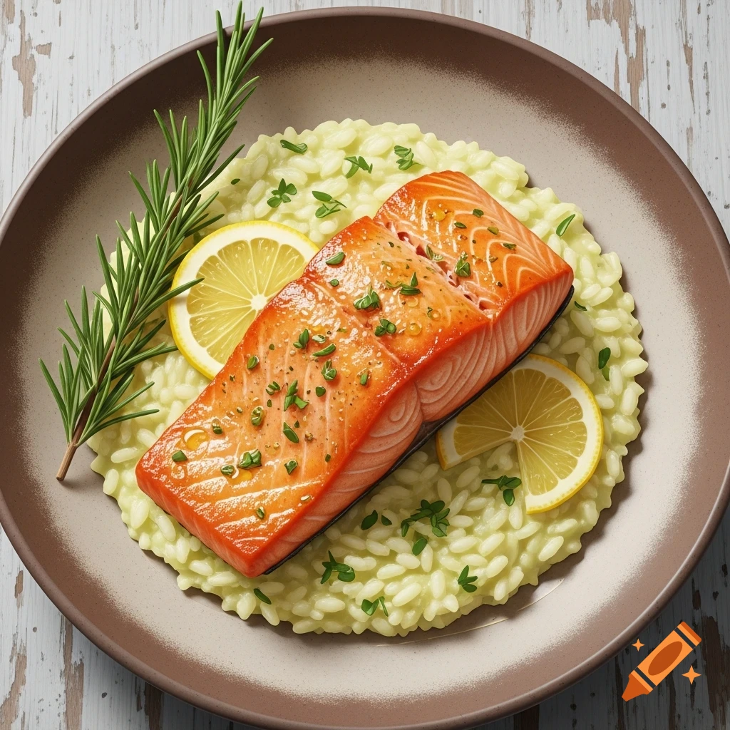 Photorealistic salmon fillet on lemon risotto garnished with fresh rosemary and lemon slices on a brown plate.