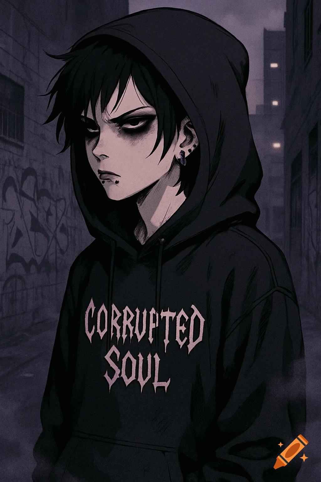 Anime-style portrait of a goth teenager with piercings and heavy eyeliner, wearing a black 'Corrupted Soul' hoodie in a dark alley.