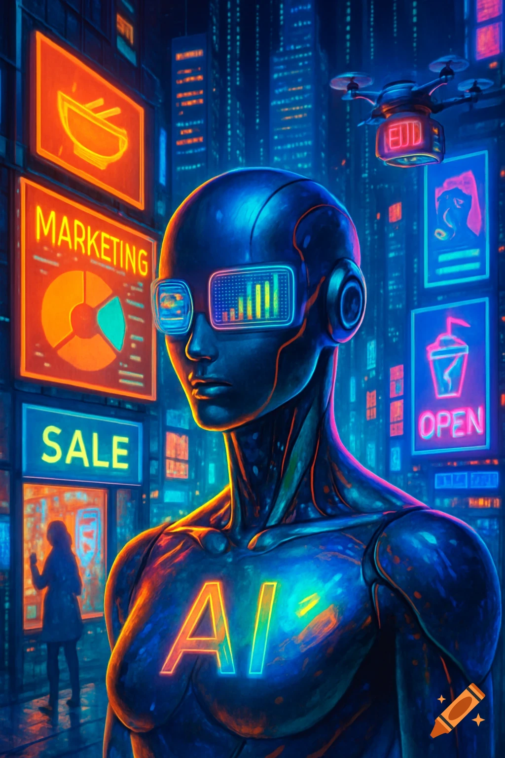 A humanoid AI robot stands in a neon-lit cyberpunk city with marketing signs, data visuals in its glasses, and a drone.
