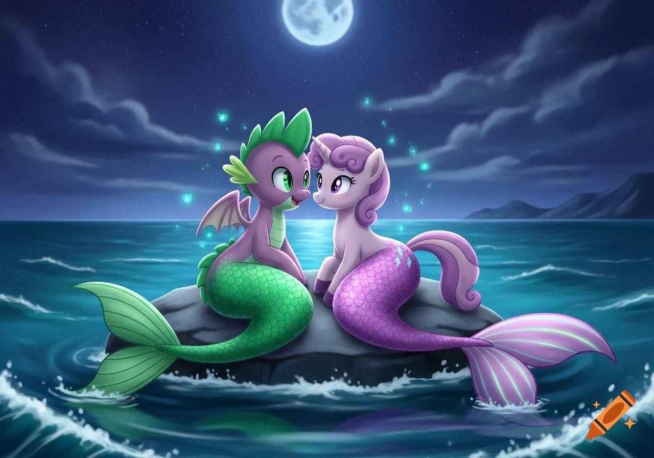 Spike the mermare dragon and Sweetie Belle the mermare pony sit on a rock in a moonlit ocean, looking at each other.