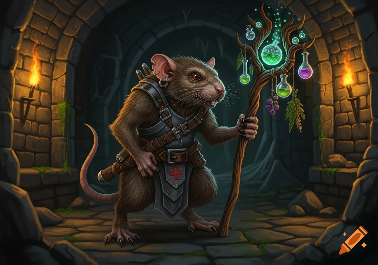 Brown furred Skaven rat medic in armor holds a staff with glowing potions and plants in a torchlit stone dungeon, fantasy art.