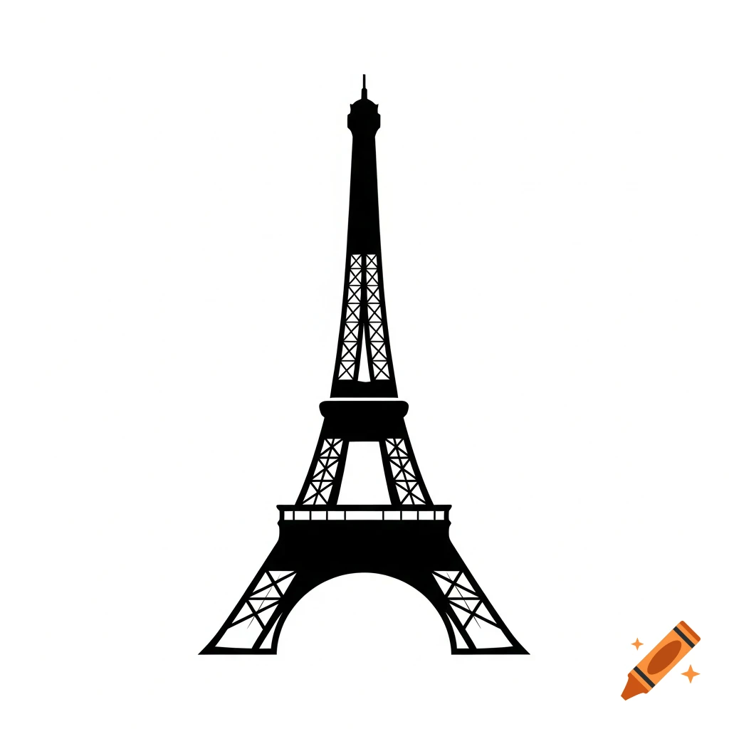 A minimalist black silhouette of the Eiffel Tower against a white background.