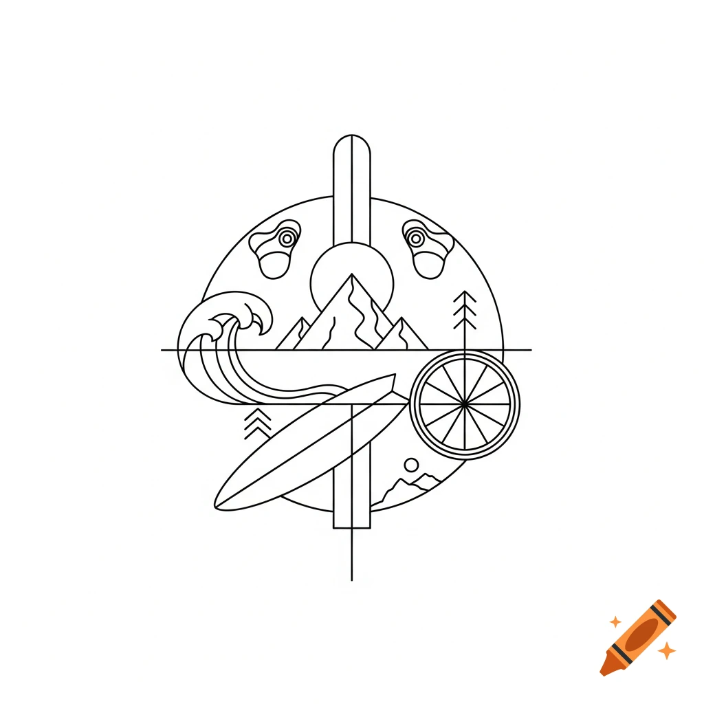 Minimalist black line art illustration of outdoor adventure symbols including mountains, sun, waves, surfboard, snowboard, bike wheel, and climbing holds.