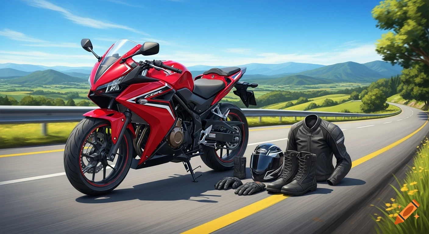 Red and black Honda CBR500R motorcycle parked on a scenic winding road with helmet, jacket, gloves, and boots. Sunny green mountains in the background.