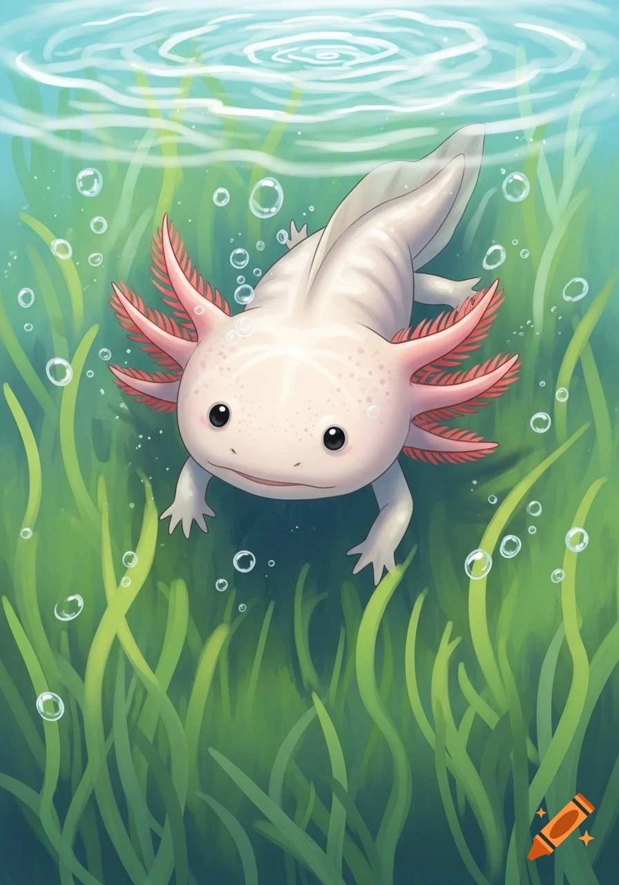 A cute, stylized pink axolotl swims in clear water with green aquatic plants and bubbles, looking up.