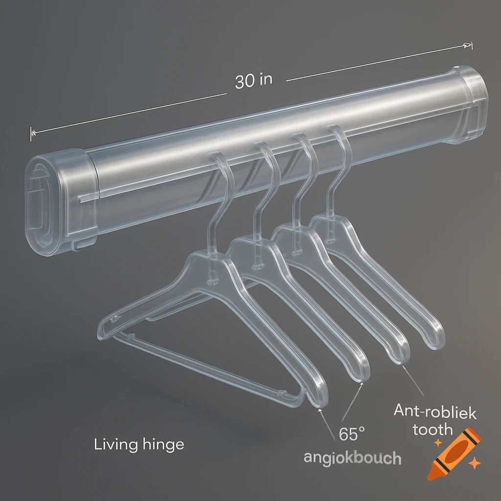 3D diagram of a clear plastic closet rail with four matching hangers, labeled with dimensions and features.