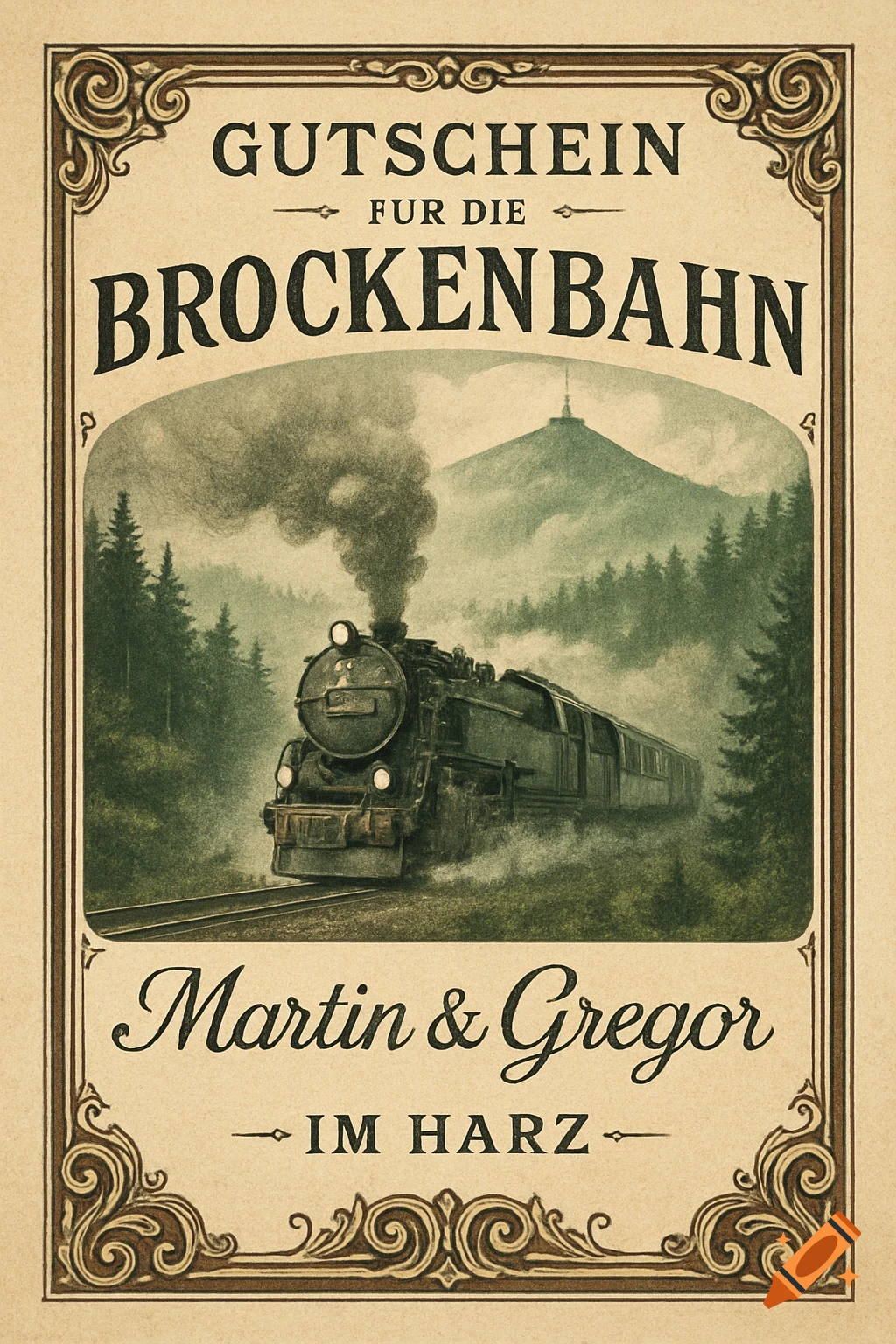 Vintage-style voucher with an ornate border, featuring a steam train chugging through a misty forest with a mountain in the background. Text reads 'GUTSCHEIN FUR DIE BROCKENBAHN Martin & Gregor IM HARZ'.