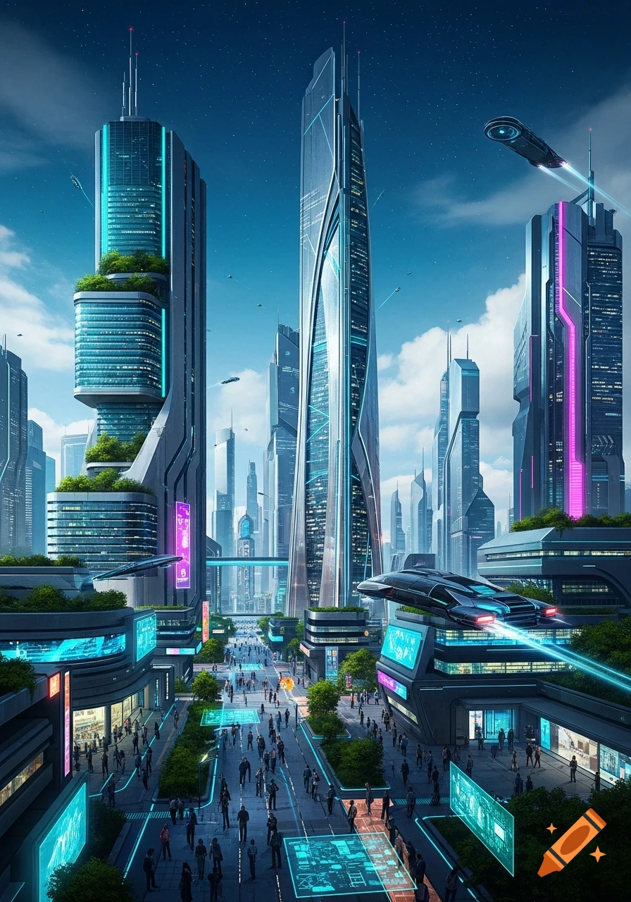 A vibrant futuristic city street scene at dusk, with towering skyscrapers, flying vehicles, and a bustling crowd below illuminated by neon lights.