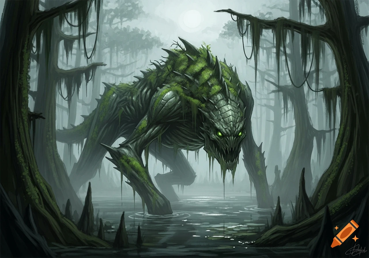 A monstrous, four-legged green swamp creature with glowing eyes stands in murky water amidst cypress trees.