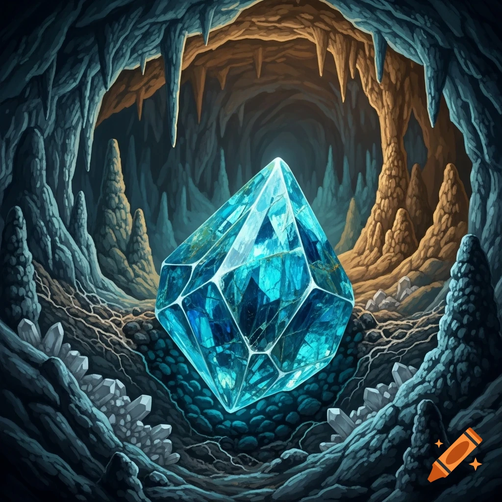 A vibrant blue crystal glows in the center of a dark fantasy cave filled with rugged rock formations, stalactites, and stalagmites.