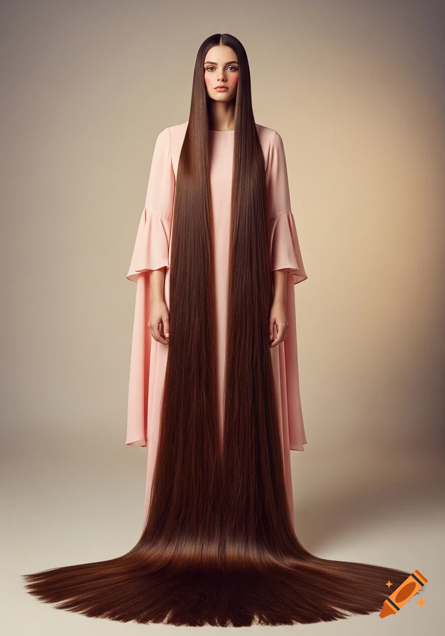 A woman in a light pink dress with very long, straight brown hair flowing to the floor and spread out, in a studio portrait.