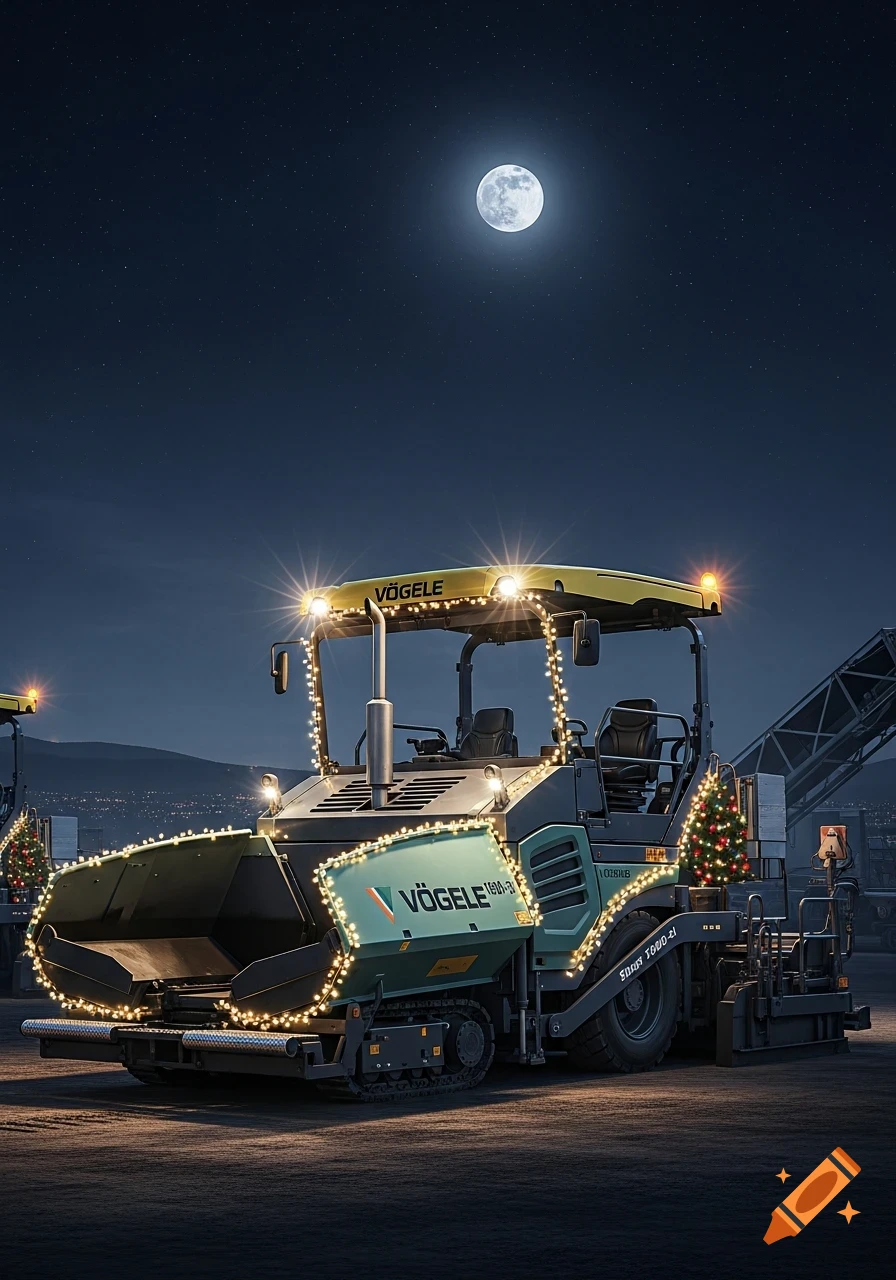 A Vögele asphalt paver decorated with sparkling Christmas lights and small Christmas trees sits under a bright full moon at night, ready for holiday work.