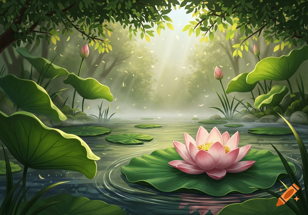 A serene pink lotus flower on a lily pad in a misty pond, surrounded by lush green foliage and sunbeams filtering through trees.