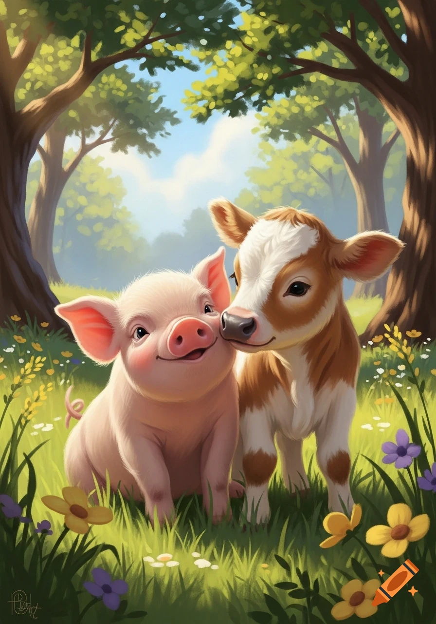 A cute piglet and a calf cuddle in a sunny, green forest clearing with colorful flowers, in a cheerful illustration.
