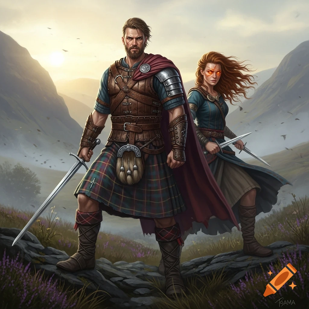 Scottish warrior man in kilt and warrior woman with glowing eyes stand with swords in mountainous landscape at sunrise, digital painting.