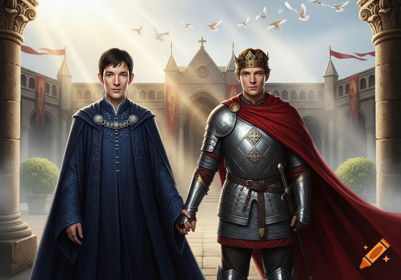 Two men, one in a blue robe and the other in shining armor with a crown, hold hands in front of a grand castle with doves flying overhead. Realistic fantasy art.