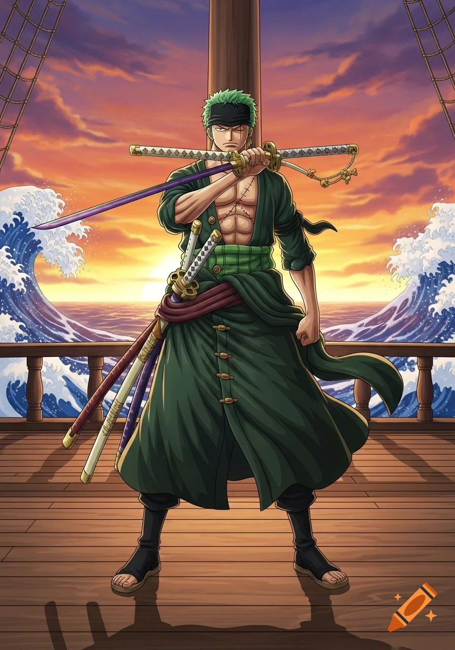 Roronoa Zoro, an anime swordsman, stands on a ship deck at sunset, holding three katanas, with ocean waves in the background.