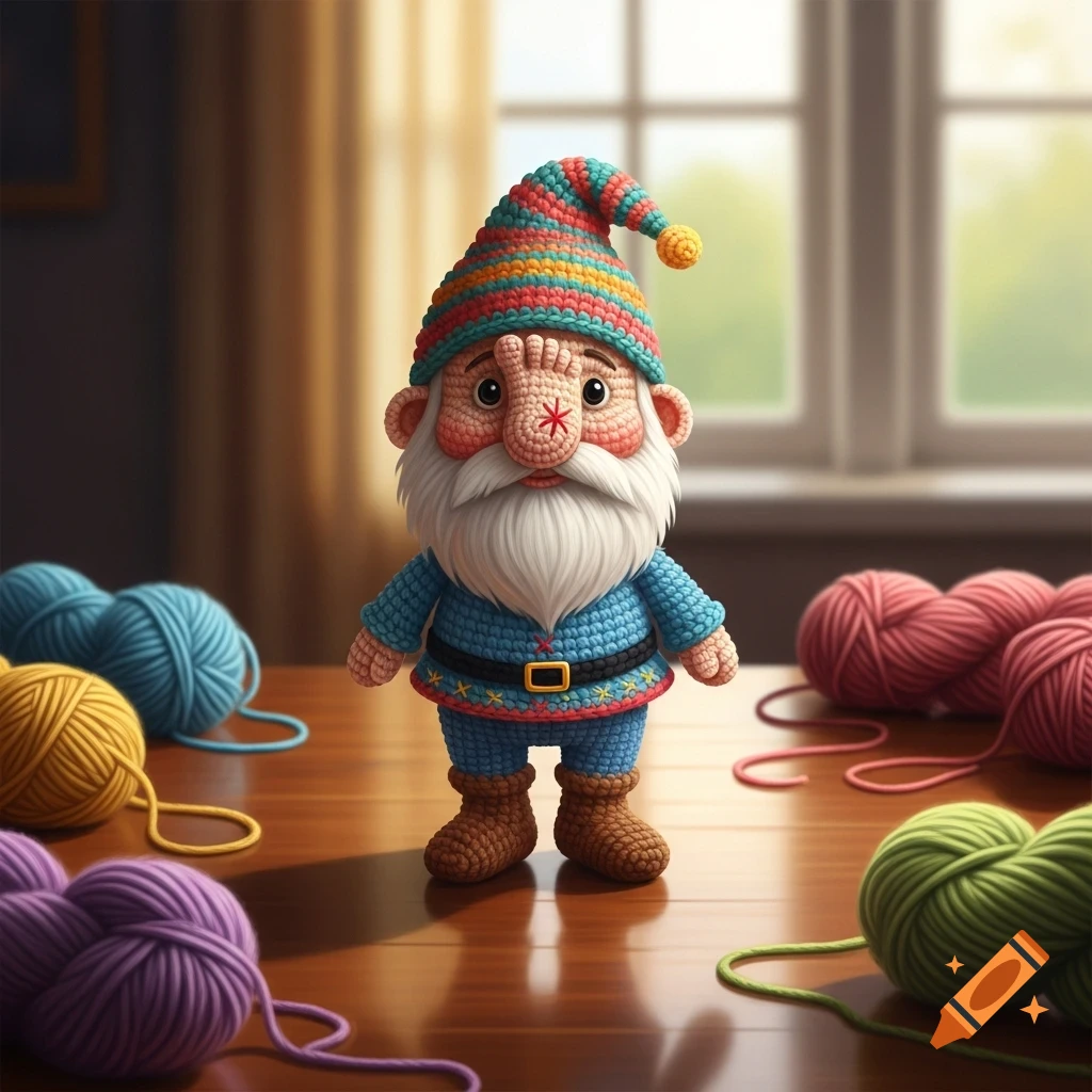 A crocheted gnome with a small foot for a nose stands on a wooden table surrounded by colorful yarn balls.