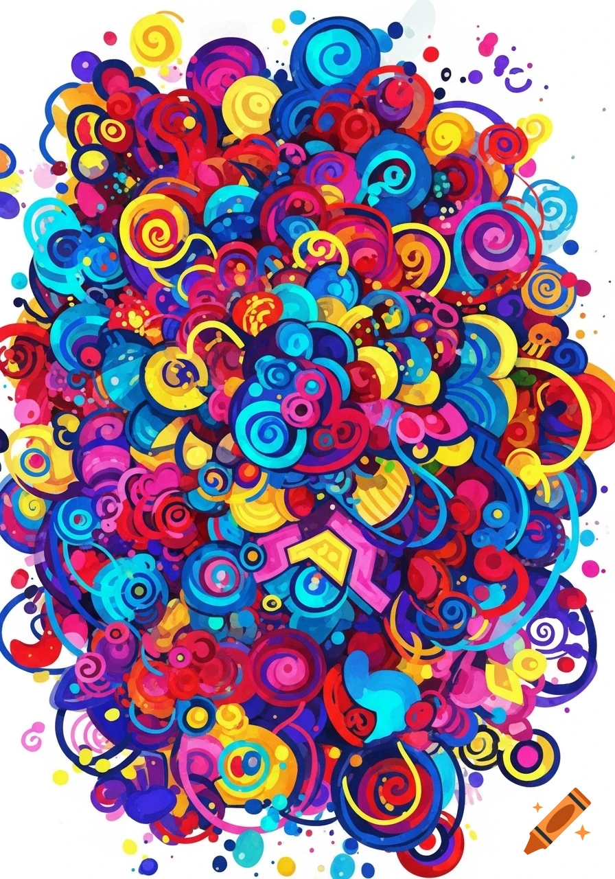 A vibrant, abstract drawing composed of countless intertwined swirls and blobs in bright blue, red, yellow, and pink colors.