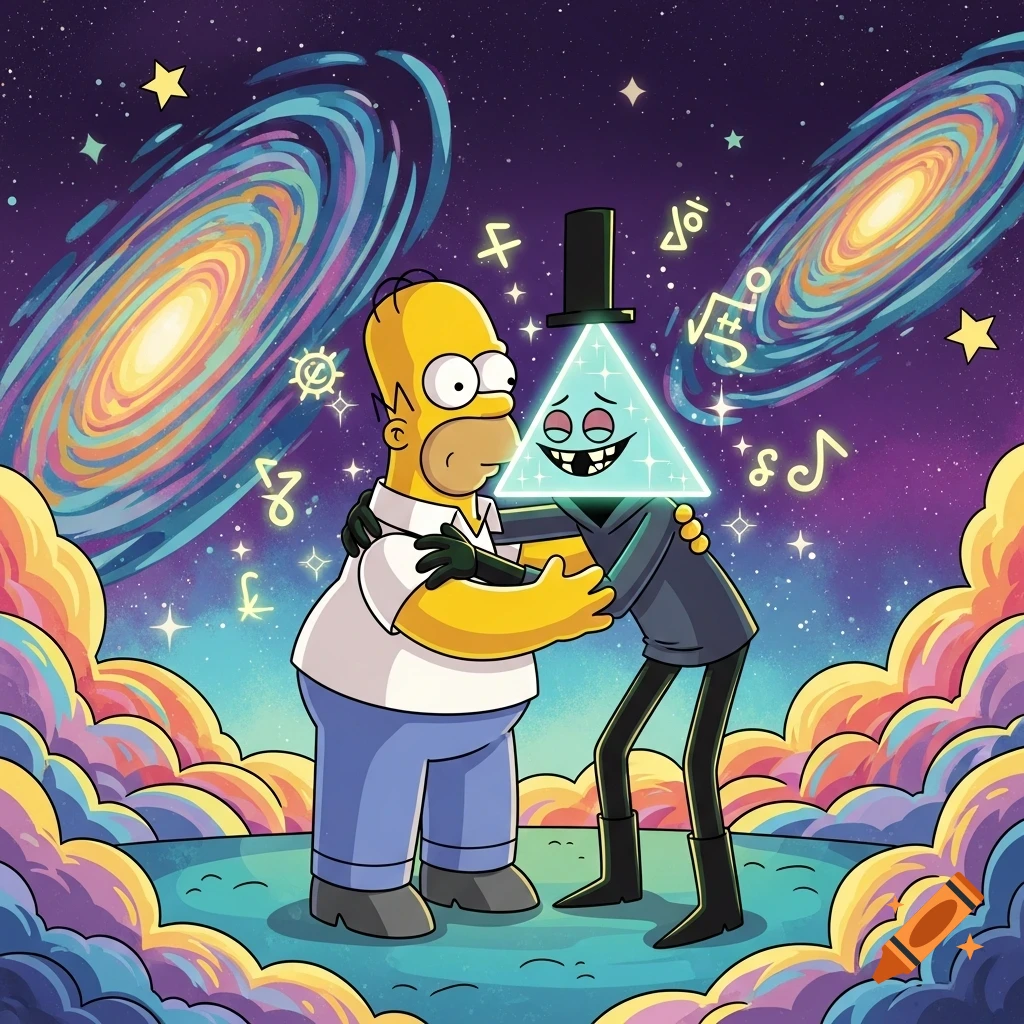Homer Simpson hugs Bill Cipher in a vibrant cosmic scene with swirling galaxies and colorful clouds, surrounded by glowing symbols.
