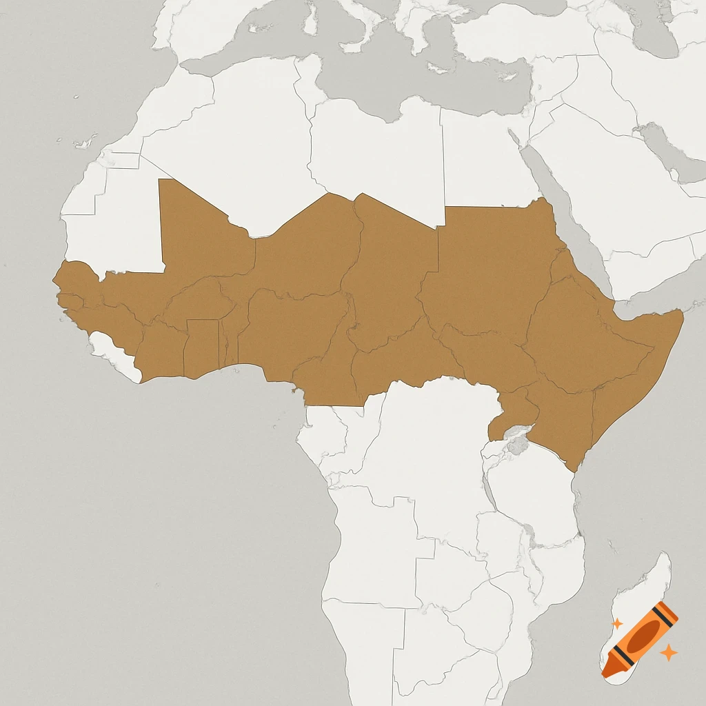 A map of Africa with a large, contiguous brown-highlighted region stretching across the continent's width.