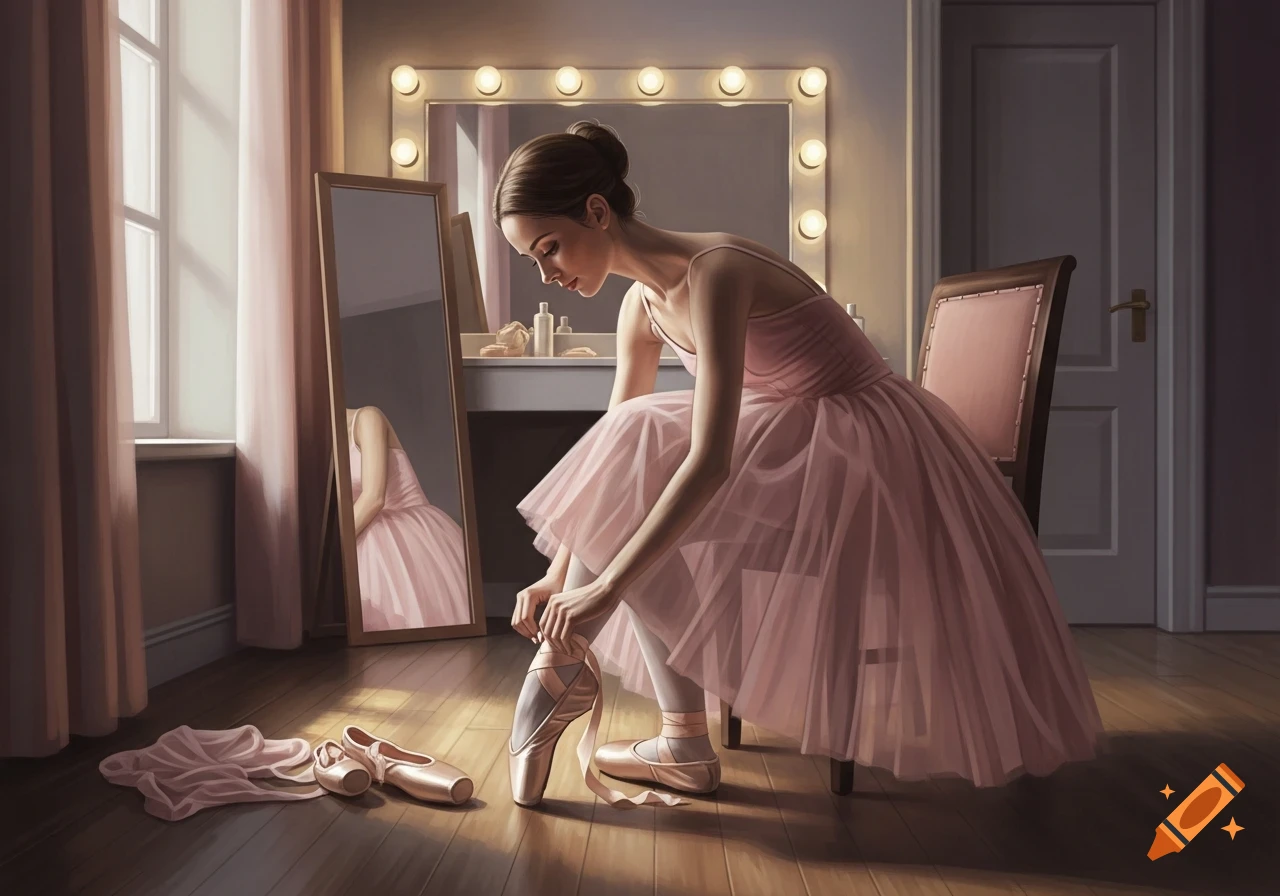 A ballerina in a pink tutu ties pointe shoes in a dressing room with a lighted vanity mirror.
