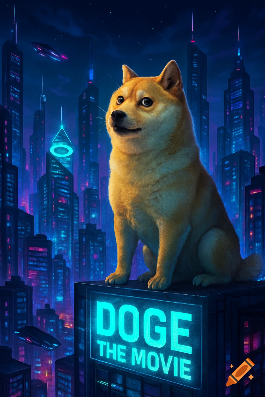 A Doge meme dog sits on a building with a glowing 'DOGE THE MOVIE' sign in a vibrant, neon-lit futuristic city.