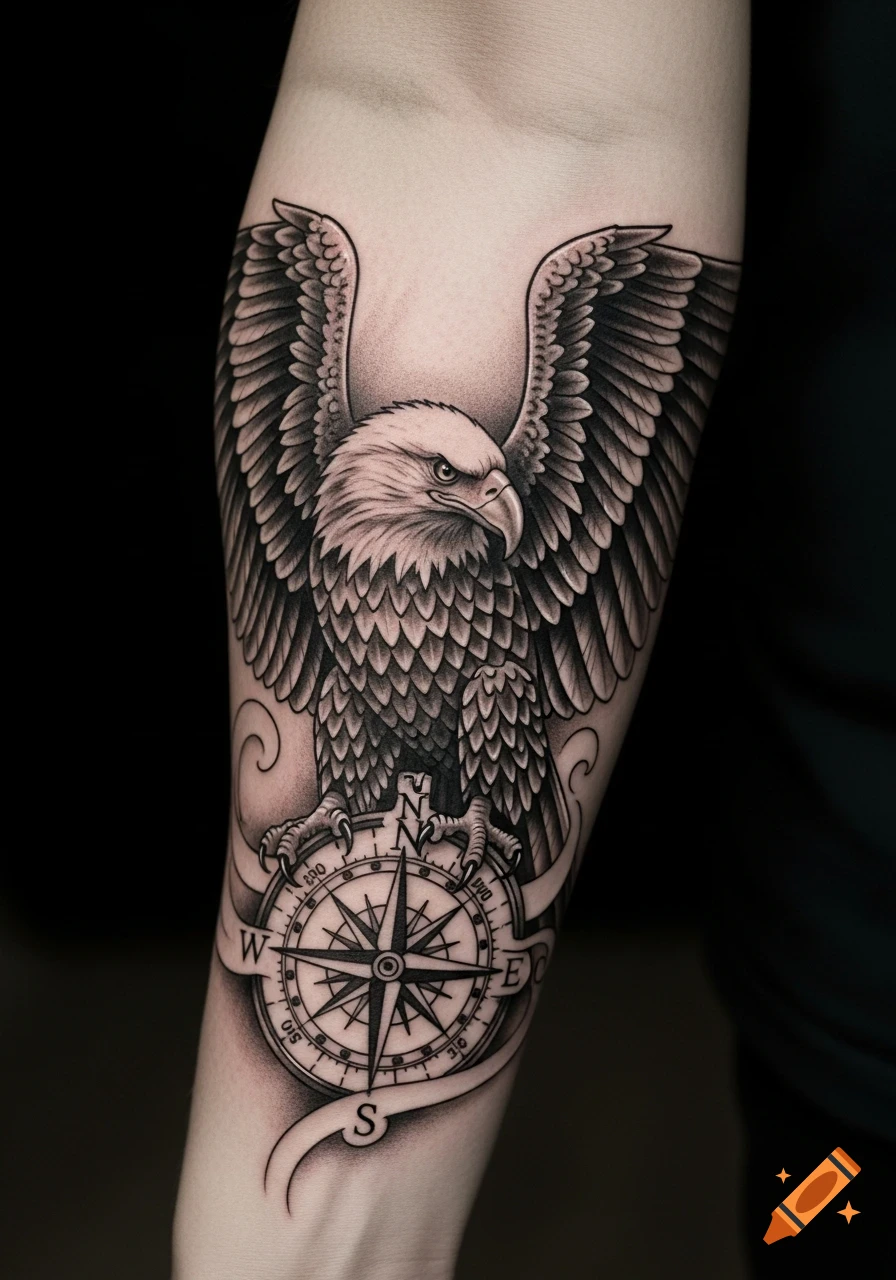 Detailed black and gray tattoo of an eagle with outstretched wings perched on a compass on a person's forearm.