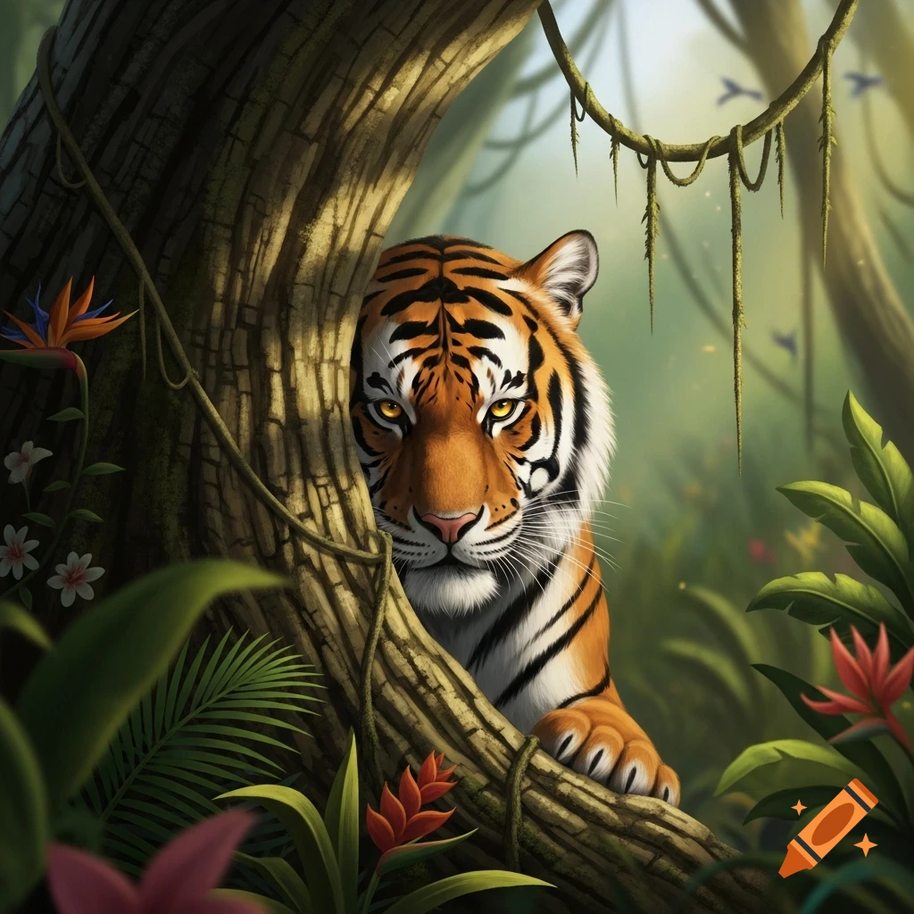 An illustrative tiger peeks from behind a tree in a lush jungle with vibrant green foliage and tropical flowers.