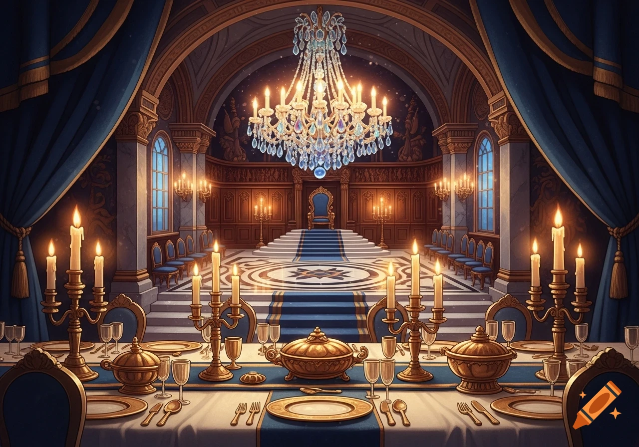 An opulent throne room with a set dining table, candelabras, a large crystal chandelier, and a blue-carpeted staircase leading to a throne.