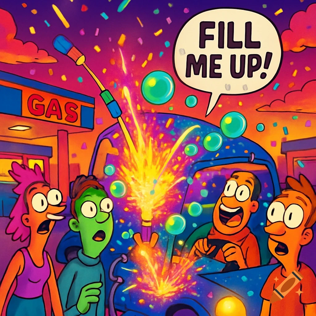 A colorful cartoon shows people at a gas station with a car exploding with confetti, bubbles, and lights. A speech bubble reads "FILL ME UP!"