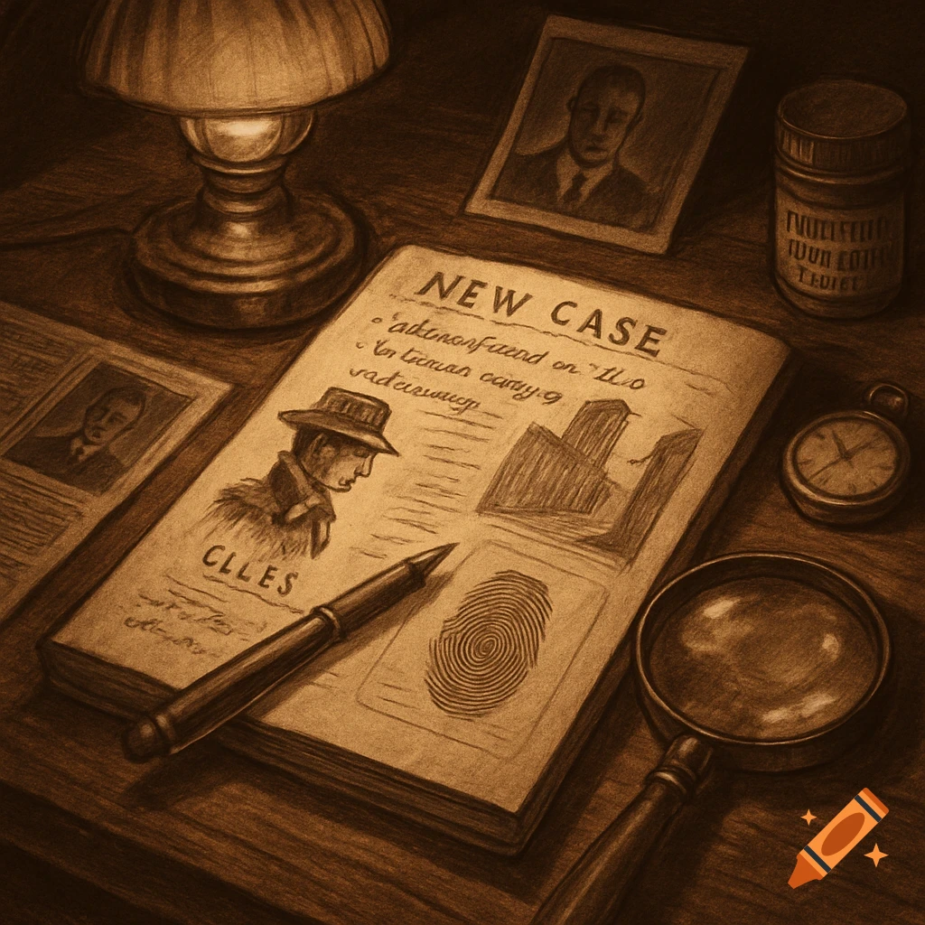 Sepia-toned illustration of a detective's desk with a book titled 'NEW CASE', a pen, magnifying glass, lamp, and framed photos.