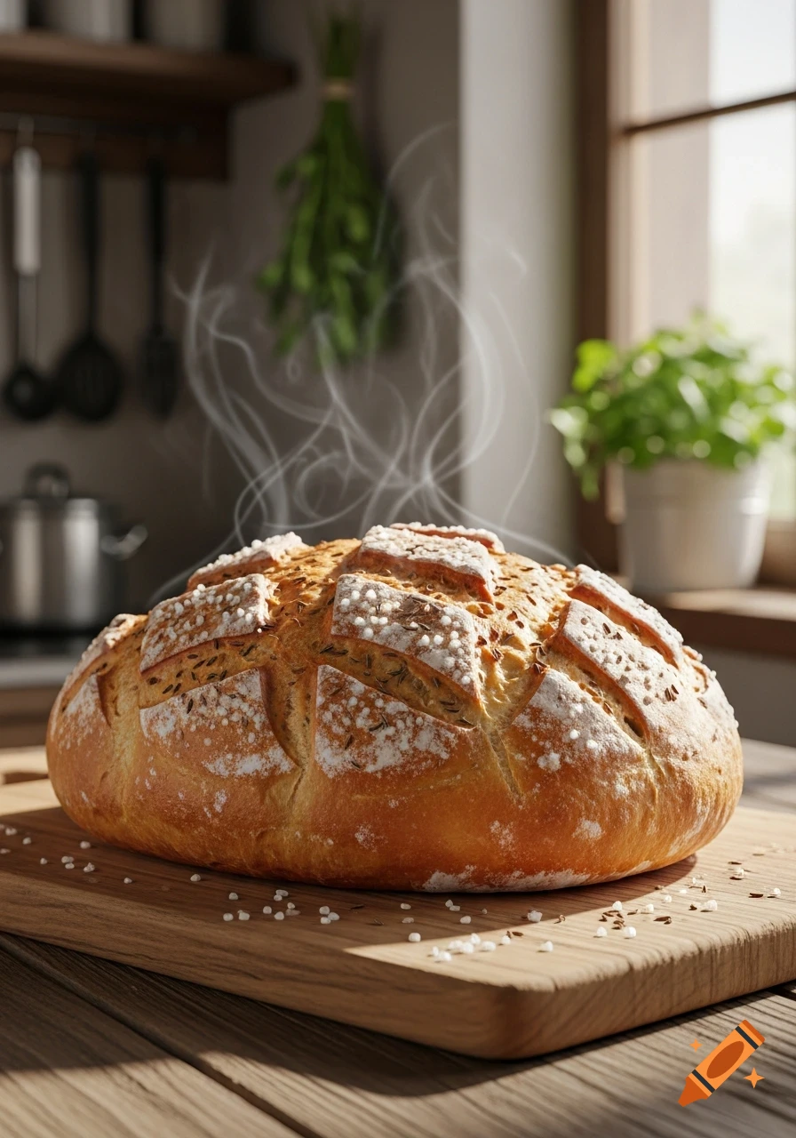 A steaming, photorealistic loaf of caraway bread on a wooden cutting board in a sunlit kitchen.