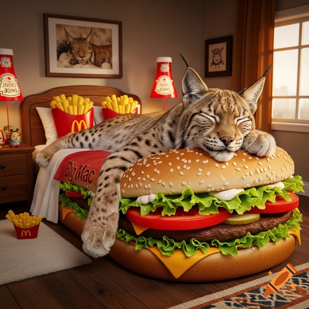 A realistic lynx sleeps soundly on a giant cheeseburger bed, with McDonald's fries and ketchup bottles nearby.