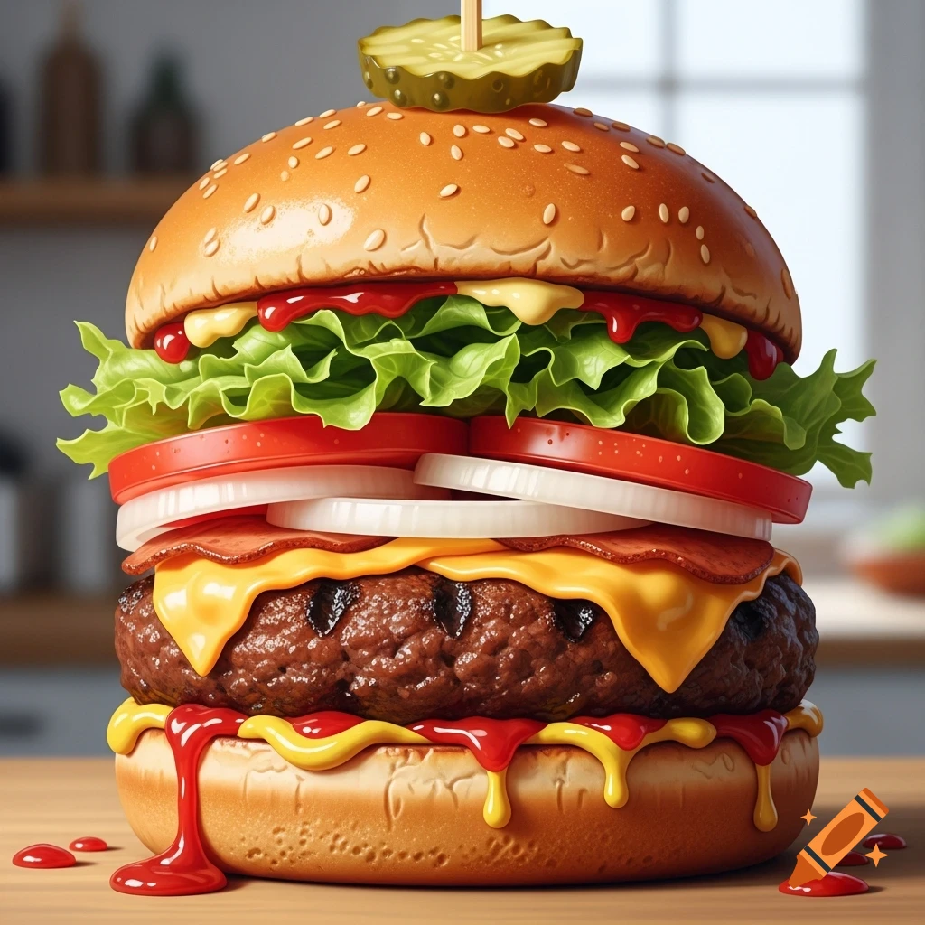 A towering, photorealistic burger with a thick patty, melted cheese, crisp lettuce, sliced tomatoes, onions, dripping ketchup and mustard, and a pickle on top.