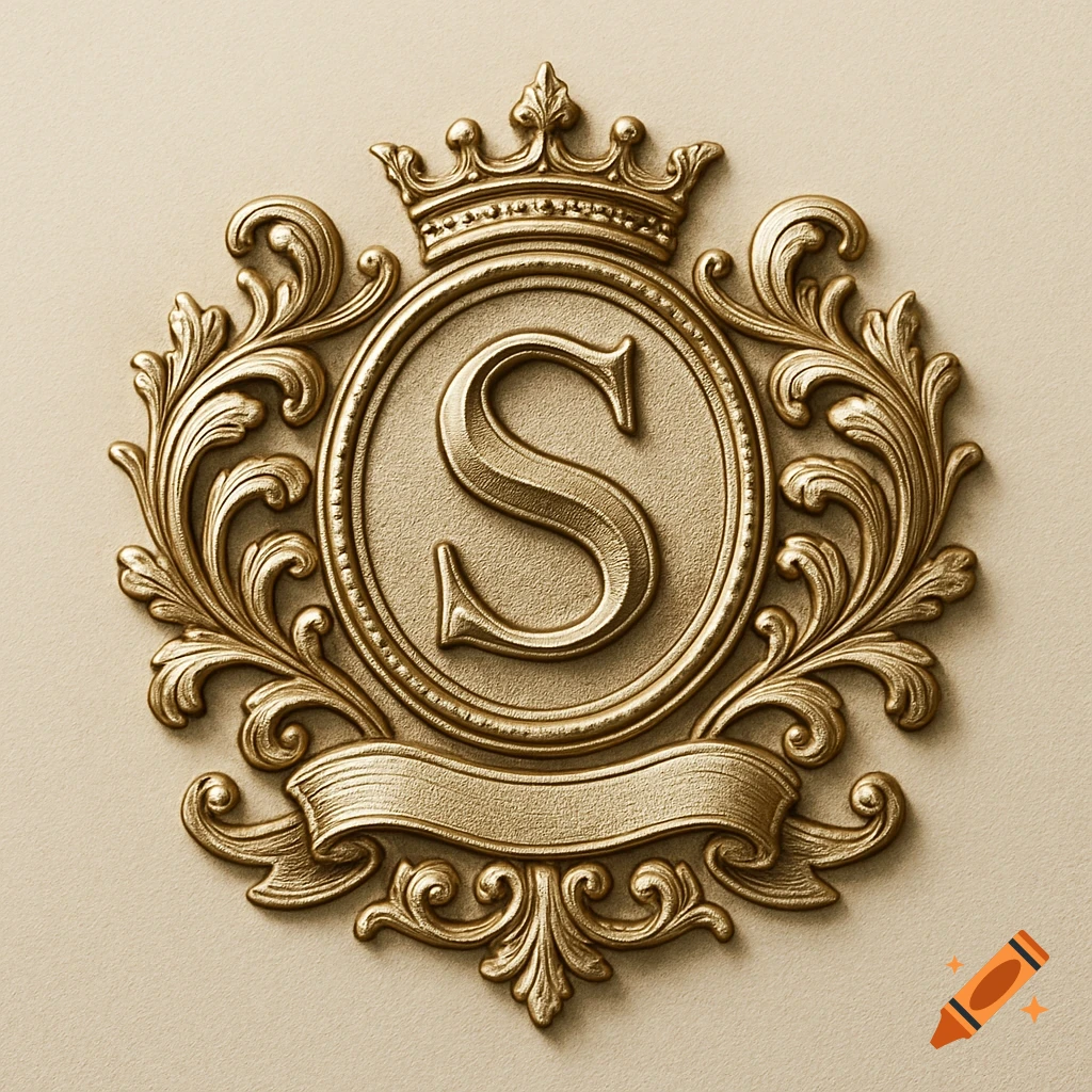 Ornate gold relief emblem with a crown, decorative scrollwork, and the letter S in the center on a light background.