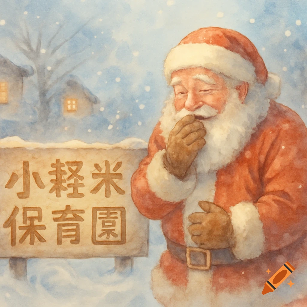Watercolor illustration of Santa Claus looking relieved next to a sign for Kokarumi Nursery School in a snowy village with falling snow.
