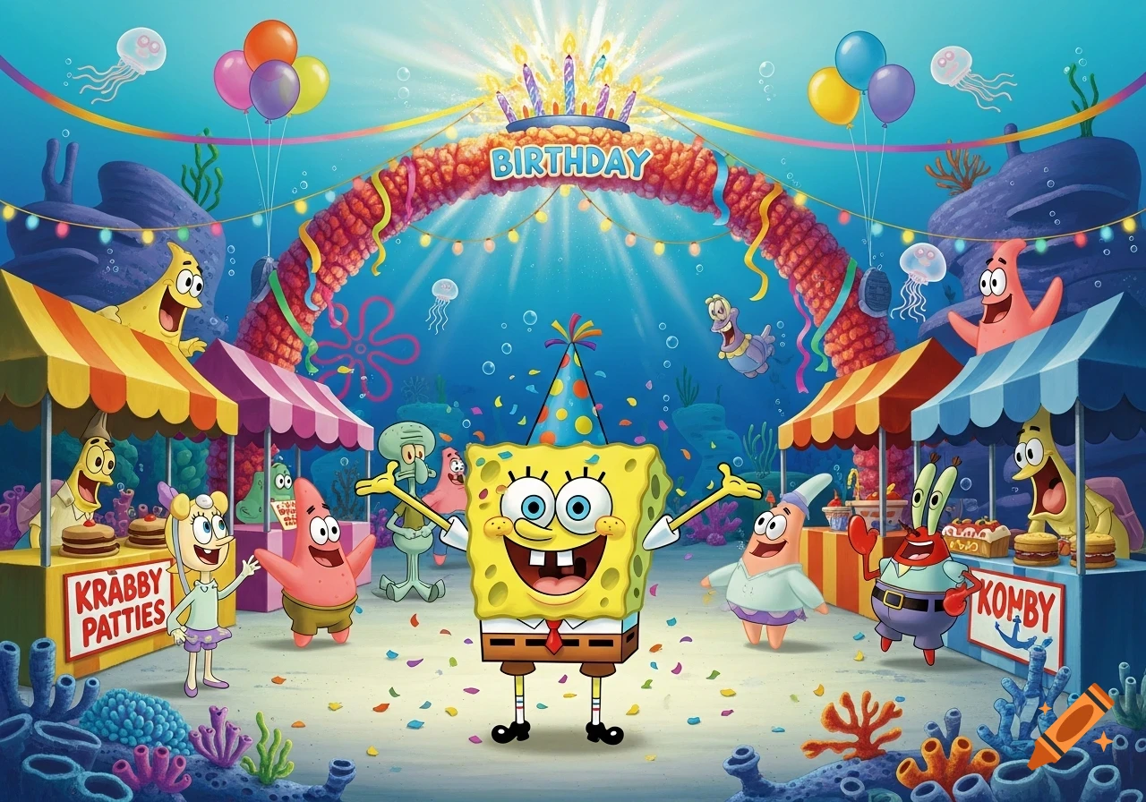 A colorful cartoon underwater birthday party with SpongeBob and his friends, surrounded by party decorations and stalls selling Krabby Patties.
